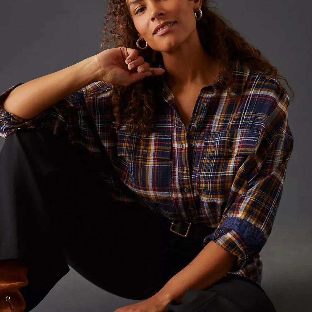 Anthropologie Pilcro Cropped Plaid Button-Down Shirt Top Blue Small Oversized - Picture 6 of 16